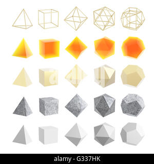Satz von geometrischen Formen, die platonischen Körper. Isoliert auf weißem Hintergrund. 3D illustration Stockfoto