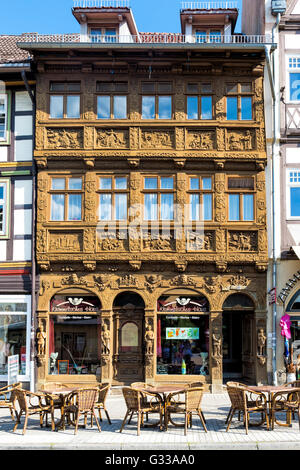 Dekorative Fassade eines Cafés, Wernigerode, Harz, Sachsen-Anhalt, Deutschland Stockfoto