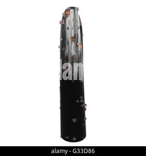 Leere schwarze Glasvase isoliert auf weißem Hintergrund mit orange Kristalle. Stockfoto