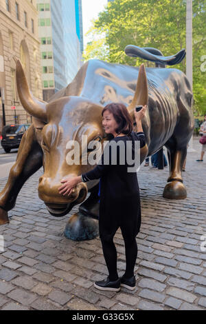 Bronzene Wall Street Bull am Broadway in Lower Manhattan, New York City USA Stockfoto
