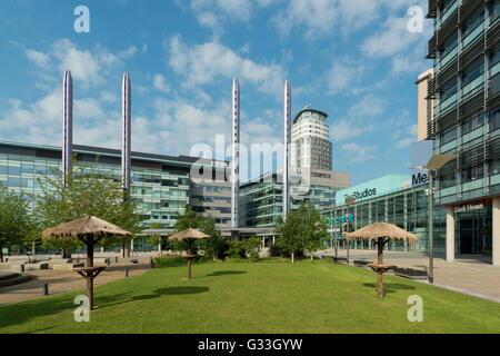 Eine Wiese im Garten in MediaCityUK, deren Mieter Liste der BBC, ITV, Granada, befindet sich im Bereich der Greater Manchester Salford Quays. Stockfoto