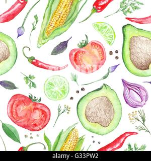 Nahtlose Aquarell Textur mit veganer Ernährung der mexikanischen Küche auf weißem Hintergrund Stockfoto