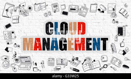 Cloud-Management-Konzept mit Doodle Design-Ikonen. Stockfoto