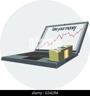 Notebook pc-Symbol mit wachsenden Erfolg Diagramm auf dem Bildschirm und Geld. Digitale Vektorgrafik. Stock Vektor