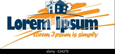 Abstrakte Logos mit einem Haus-Skizze, blau und Orange-Umriss. Digitale Vektorgrafik. Stock Vektor