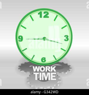 Große grüne 3d Uhr mit Arbeit-Zeit-Text. Reflexion über das Glas, Silber-Getriebe. Digitale Vektor-Bild Stock Vektor