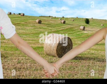 eine Ansicht von Heuballen in einem Land-Hügel Stockfoto