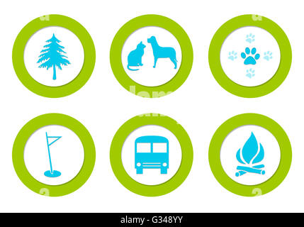 Eingestellt von bunten abgerundeten Icons mit verschiedenen Symbolen Stockfoto