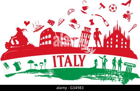 italienische Flagge Tinte Hintergrund mit Silhouette Symbolsatz Stock Vektor