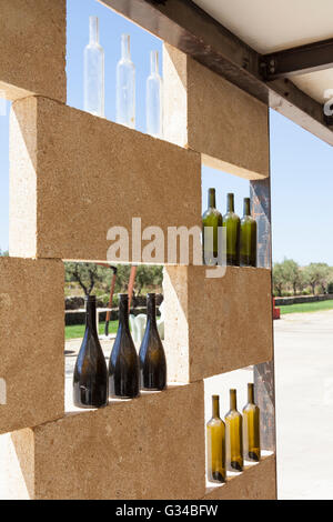 Leere Weinflaschen in Regalen, Vigne Surrau Surrau Weinberg, Arzachena, Sardinien, Italien Stockfoto