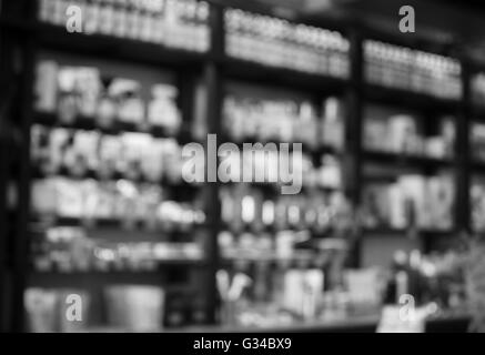 Cafe unscharf Hintergrund mit schwarzen und weißen Ton. Produkt Anzeigevorlage Stockfoto