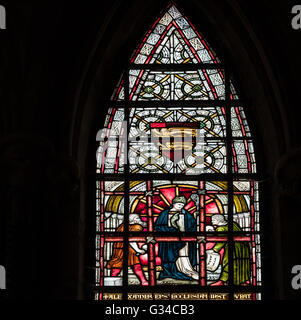Detail aus einem Glasfenster im Kapitelsaal der mittelalterlichen Kathedrale von Lincoln, England. Stockfoto