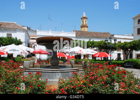 Brunnen und Bürgersteig Cafés auf dem Plaza Las Flores, Estepona, Provinz Malaga, Andalusien, Spanien, Westeuropa. Stockfoto