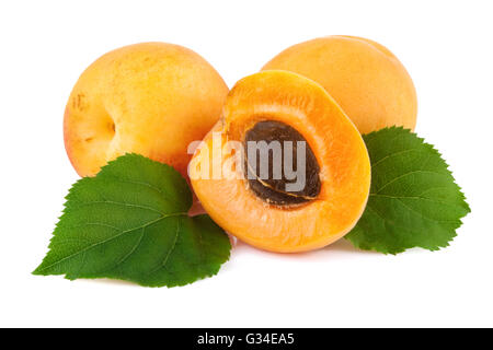 Aprikosen-Nahaufnahme. Frische Aprikosen und die Hälfte der Früchte mit Kernel isoliert auf weiss. Stockfoto