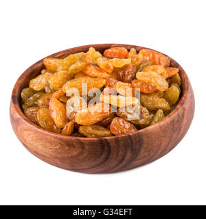 Rosinen oder getrocknete Weintrauben in Holzschale. Closeup. Stockfoto