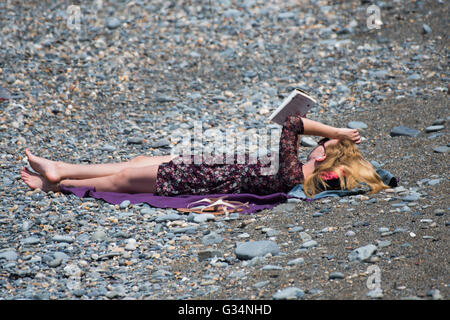 Aberystwyth Wales UK, Mittwoch, 8. Juni 2016 UK Wetter: eine Frau liest ihr Buch am Strand an einem schönen sonnigen und sehr warmen Tag in Aberystwyth auf West Wales Küste Photo Credit: Keith Morris / Alamy Live News Stockfoto