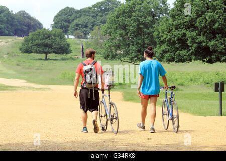 Richmond Park, London, UK. 8. Juni 2016. Zwei Männer gehen ihren Bikes durch Bereich keine Zyklus im Richmond Park, wo es einen warmen und feuchten Morgen war. Bildnachweis: Julia Gavin UK/Alamy Live-Nachrichten Stockfoto