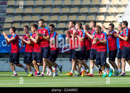 Tours, Frankreich. 8. Juni 2016. Spieler begrüßen Fans wie sie besuchen der Tschechischen Nationalmannschaft Trainingseinheit in Tours, Frankreich, 8. Juni 2016, wo wird es während der Meisterschaft der Fußball EM 2016 Haus. © David Tanecek/CTK Foto/Alamy Live-Nachrichten Stockfoto