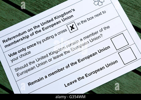 Stimmzettel für die britische EU-Referendum am 23. Juni 2016 mit Stimmrecht Boxen leer Stockfoto