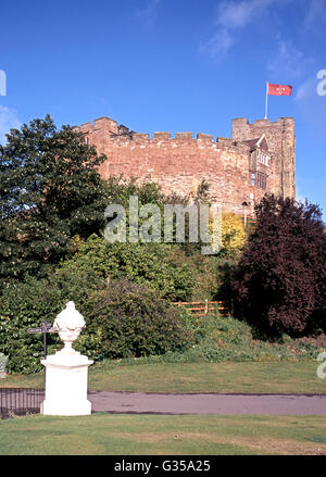 Blick auf die normannische Burg mit einer Fahne auf, Tamworth, Staffordshire, England, Vereinigtes Königreich, West-Europa. Stockfoto