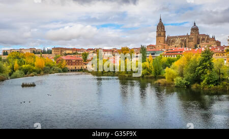 Wunderschönen Blick auf die historische Stadt Salamanca mit Rio Tormes und die neue Kathedrale von Enrique Esteban Brücke in autu Stockfoto