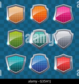 Sammlung von bunten Schilde auf farbigen Hintergrund. Stock Vektor
