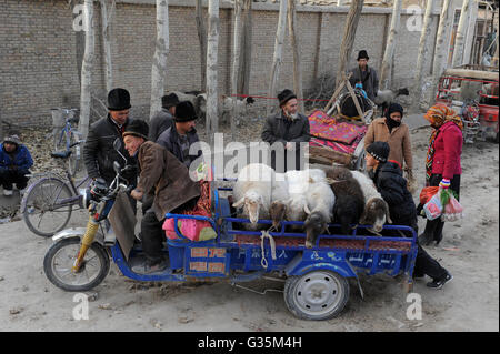 CHINA, Provinz Xinjiang, Markttag in der uigurischen Dorf Jin Erek in der Nähe der Stadt Kashgar, wo der Uiguren leben Leute, Leute verkaufen Schafe Lamm- und Ziegenfleisch Stockfoto