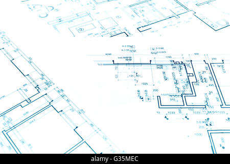 architektonischen Hintergrund mit technischen Zeichnungen und Baupläne Stockfoto