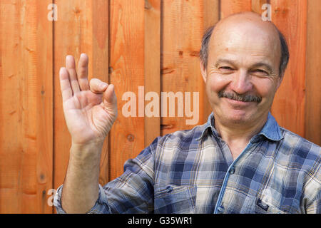 Ältere Mann in einem Plaid Shirt, Glatze, mit einem Schnurrbart zeigt Zeichen okay. Zustimmung und positive Empfehlungen Stockfoto