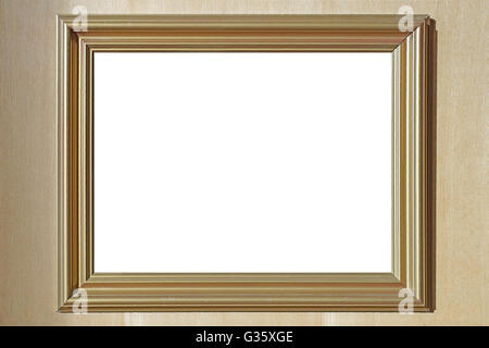 leere goldene Bilderrahmen auf die Holzwand Stockfoto