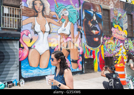 Tausende Gießen in Bushwick, Brooklyn in New York für die jährliche Bushwick kollektive Block Party auf Samstag, 4. Juni 2016. Musik und Party brachte einige, aber die eigentliche Attraktion war die neue Wandmalereien von "" Graffitikünstler, die die Wände der Gebäude schmücken, die das Kollektiv verwendet.  (© Richard B. Levine) Stockfoto