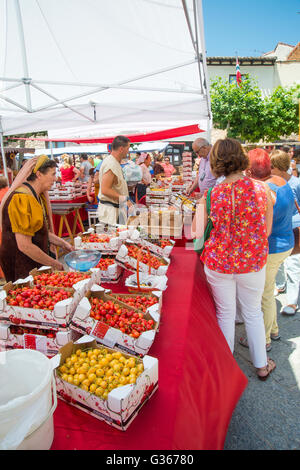 Kreditor Stall zu verkaufen Kirschen. Mittelalterliche Flohmarkt, Hauptplatz, Covarrubias, Burgos Provinz Kastilien-Leon, Spanien. Stockfoto