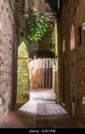 Arkaden bei Nacht in San Gimignano, mittelalterliches Dorf, Toskana, Italien Stockfoto