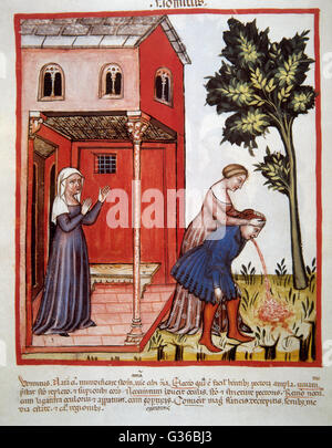 Tacuinum Sanitatis. 14. Jahrhundert. Mittelalterliche Handbuch der Gesundheit. Erbrechen. Folio 99v.