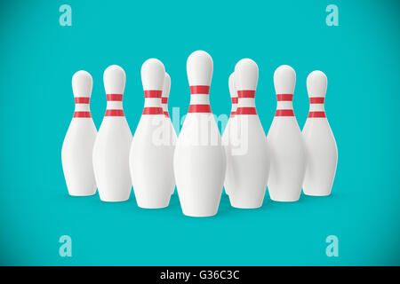 Bowling-Pins auf Türkis Hintergrund. 3D illustration Stockfoto