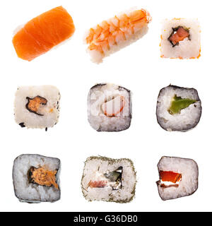 eine Sammlung von verschiedenen Arten von Sushi wie Maki und Nigiri isoliert auf weißem Hintergrund für Menü Stockfoto