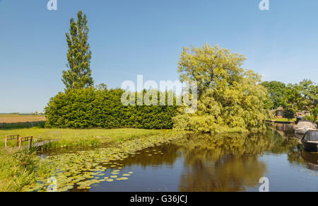 Flache holländische Landschaft mit den umliegenden Ländereien und Blick auf den Fluss De Meije, De Meije, Bodegraven, Südholland, Niederlande Stockfoto