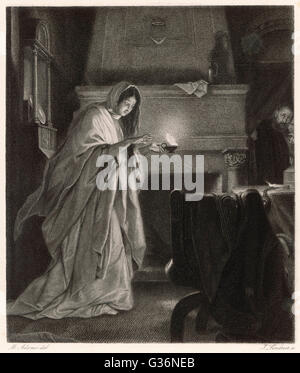 Eine Szene aus Shakespeares Tragödie, Macbeth, Lady Macbeth Schlafwandeln, und sich vorzustellen, dass ihre Hände Blut auf sie zeigen. Stockfoto