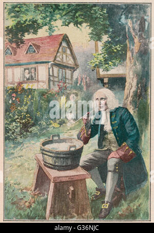 Sir Isaac Newton (1642-1727), englischer Mathematiker, Physiker, Astronom, Naturphilosoph, Alchemist, Theologe und Okkultist. Hier sehen sitzen in seinem Garten Seifenblasen aus einem Rohr, Studie zu den Auswirkungen der Schwerkraft.       Datum: ca. 1690 Stockfoto