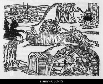 North Berwick Hexen--Satan lockt Dr. Fian und anderen fehlgeleiteten Menschen zu bösen Praktiken wie Schiffswracks durch Zauber verursacht frönen.       Datum: ca. 1590 Stockfoto