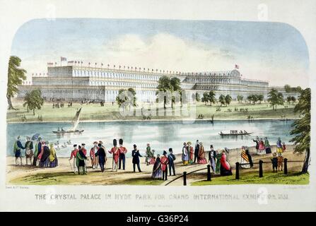 Die große Ausstellung aller Völker in Hyde Park, London - Gesamtansicht des Crystal Palace aus über die Serpentine.       Datum: 1851 Stockfoto