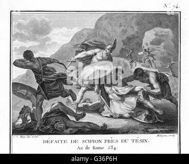 ZWEITEN PUNISCHEN Krieg: Hannibal und seine Carthaginian zwingt Niederlage die römischen Truppen unter Publius Cornelius Scipio an Schlacht von Ticinus, in der Nähe des Flusses Ticino, ein Nebenfluss des Po.         Datum: 218 v. Chr. Stockfoto