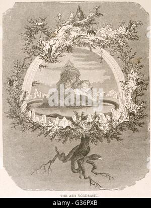 Yggdrasil (Yggdrasill), die heilige Asche, der Baum des Lebens, die weltlichen Baum der nordischen Mythologie, dessen Zweige Überhang des Universums.      Datum: 1886 Stockfoto