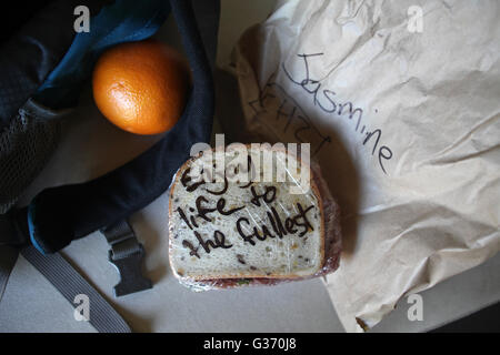 Bild von Tim Cuff - Nachricht vom Koch, Jasmin auf ihr Lunchpaket, Furneaux Lodge, Queen Charlotte Track, Marlborough, Stockfoto