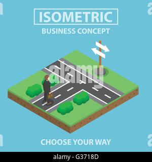 Geschäftsmann vor Kreuzung steht, flache 3d isometrische Infografiken Webdesign, Vektor, EPS10 Stock Vektor