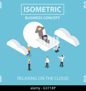 Geschäftsmann ist entspannend liegend auf einer Wolke, flache 3d isometrische Infografiken Webdesign, Vektor, EPS10 Stock Vektor