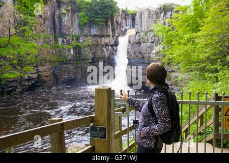 Frau betrachten hohe Kraft Wasserfall, River Tees, Wald-in-Teesdale, Durham Dales, Middleton-in-Teesdale, County Durham, Großbritannien. Stockfoto