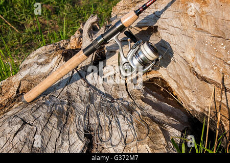 Angelrute mit Angeln Rollen auf dem natürlichen Hintergrund. Spinning und Fisch Stringer auf dem alten Baum mit braune Rinde. Stockfoto