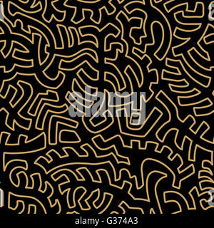 Isolierte Vektor Stammes-nahtlose Muster auf schwarzem Hintergrund. Linear. Gold. Stockfoto