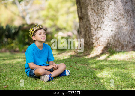 Kleiner Junge eine Krone trägt und auf dem Rasen sitzen Stockfoto